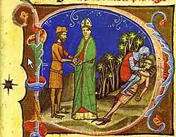 Manuscrit enluminé présentant un évêque, un homme et un soldat aveuglant Pierre.