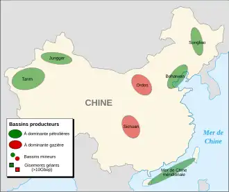 Carte montrant les gisements de pétroles situés en Chine.