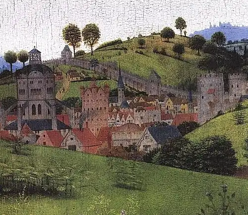 Une ville du XVe&nbsp;siècle. Le temple symbole la ville de Jérusalem.