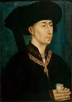 Philippe le Bon, duc de Bourgogne, portant le collier de l'ordre de la Toison d'or. Copie d'après Rogier van der Weyden, vers 1450, musée des beaux-arts de Dijon.