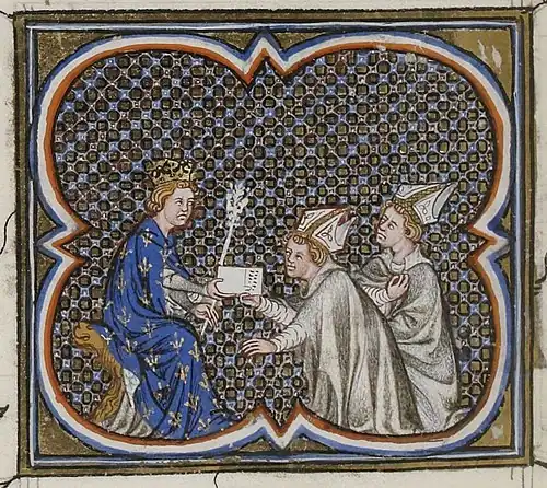 Philippe Auguste recevant des messagers du pape l'appelant à la croisade (Grandes Chroniques de France de Charles&nbsp;V, XIVe&nbsp;siècle).