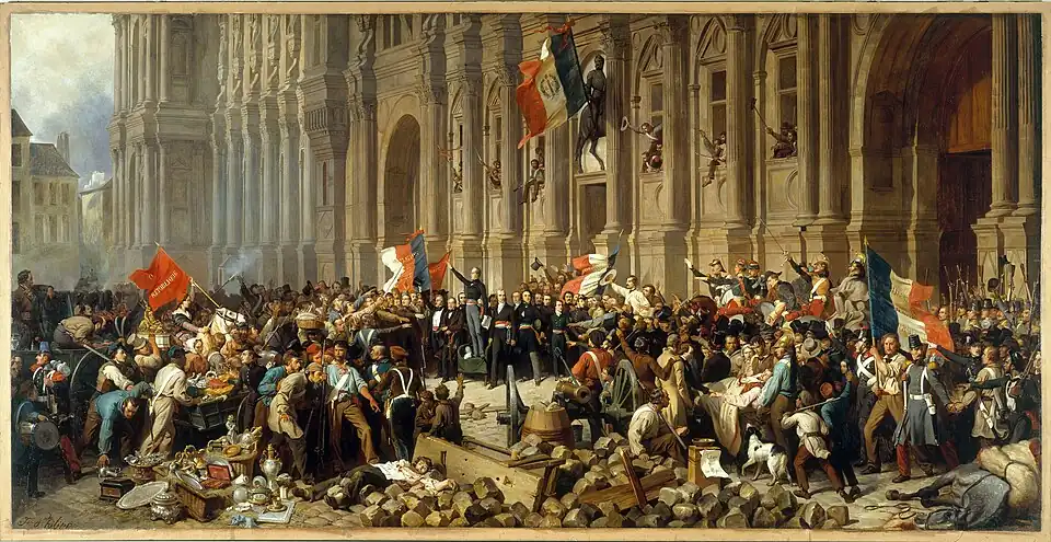 Félix Philippoteaux, Épisode de la Révolution de 1848 : Lamartine repoussant le drapeau rouge à l’Hôtel de Ville, le 25 février 1848, v. 1848. Huile sur toile, 63 × 27,5&nbsp;cm. Musée Carnavalet, Paris.