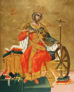 Peinture sur fond doré d'une jeune femme assise, la tête tournée vers la gauche.