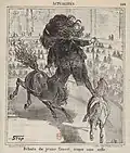 Caricature par Stop : Picard tente une périlleuse poste hongroise entre la Gauche et le Centre gauche (Le Charivari, 7 juillet 1870).