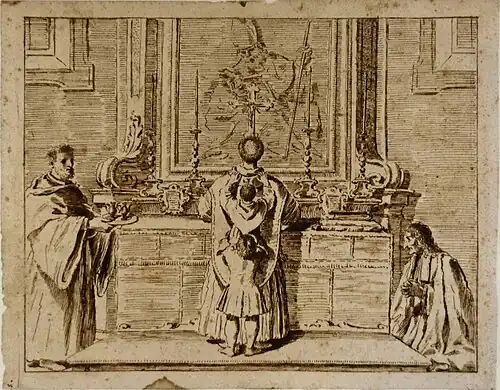 Prêtre et acolytes célébrant la messe, Pier Leone Ghezzi, XVIIIe&nbsp;siècle.