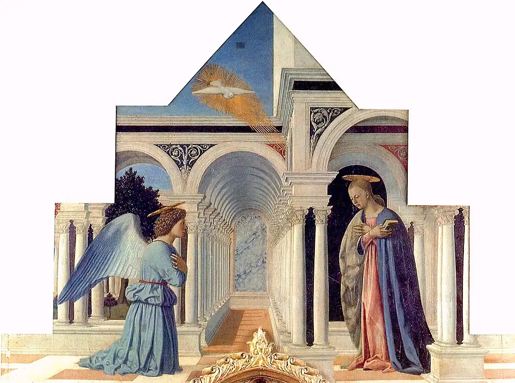 Peinture. Entre l'ange et Marie, qui est entourée de colonnes, un couloir mène au loin à une plaque de marbre.