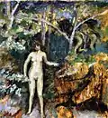 Tableau représentant une jeune femme nue aux contours un peu flous, de même que les arbres et rochers qui l'entourent, au milieu desquels courent deux autres personnages nus