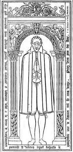 Dessin représentant le laboureur allongé habillé en tenue Renaissance les mains jointes en prière entouré de décorations architecturales et d'inscriptions