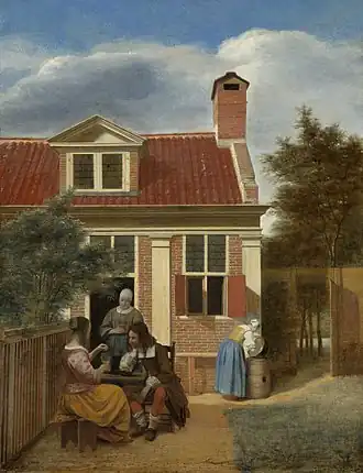 Pieter de Hooch, Compagnie dans un jardin derrière une maison, vers 1663-1665, 60&nbsp;×&nbsp;45,7&nbsp;cm, Amsterdam, Rijksmuseum