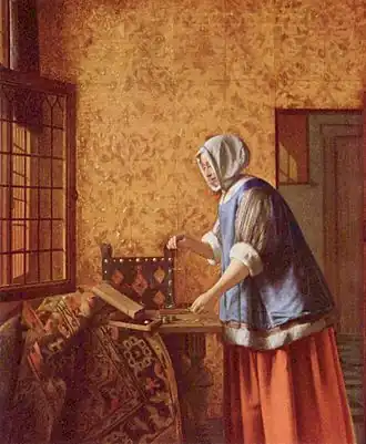 Pieter de Hooch, La Peseuse d'or, vers 1664, 61&nbsp;×&nbsp;53&nbsp;cm, Berlin, Gemäldegalerie.