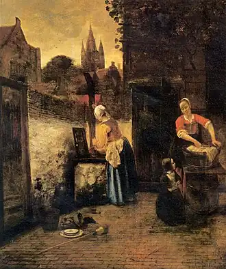 Pieter de Hooch, Deux femmes et un enfant dans une cour, vers 1657, 68&nbsp;×&nbsp;57,5&nbsp;cm, Toledo (Ohio), Musée d'art