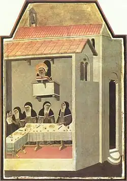 Nonnes dînant en silence, tout en écoutant la lecture de la Bible (Humilité, Pietro Lorenzetti, 1341).