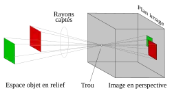 Principe de la projection par sténopé : seuls les rayons émanant de l’objet en relief passant par le trou peuvent former l’image, en perspective.