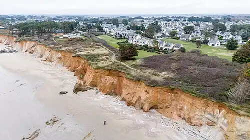 Vue aérienne de la plage, des falaises et des habitations