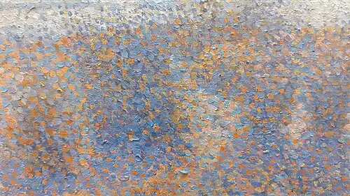 Détail des buissons de gauche, sur fond de mer, les branches sont représentées par des points bleus.