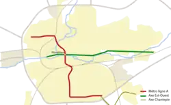 L’axe Est-ouest (en vert).