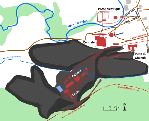 Schématisation des installations du puits, des terrils et cités minière.