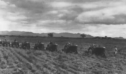 Photographie en noir et blanc de machines agricoles opérant de concert sur des cultures.