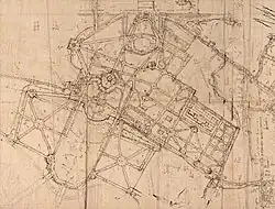 Détail des jardins bas sur le plan de brouillon des jardins de Meudon. ADY (78). Vers 1697.