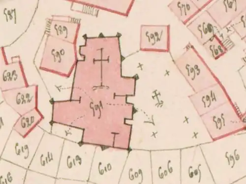 Plan cadastral napoléonien de Sousceyrac : en 1826, l'église se trouve dans l'enclos paroissial qui était autrefois le prieuré. On y trouve encore le cimetière au centre déplacé en dehors du bourg au milieu du XIXe&nbsp;siècle.