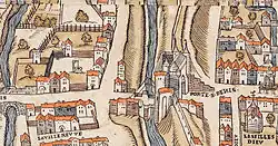 Porte Saint-Denis, aux environs des actuels 285 et 248 rue Saint-Denis (plan de Truschet et Hoyau, vers 1550).