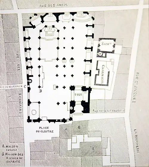 Plan de l'église et du quartier au XVIIIe&nbsp;siècle.