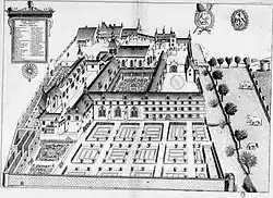 Plan de l'ancienne abbaye de Villeloin au 17e&nbsp;siècle - plan provenant du Monasticon Gallicanum