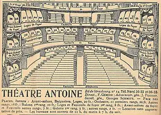 Plan du théâtre Antoine en 1925 avec prix des places et administration.