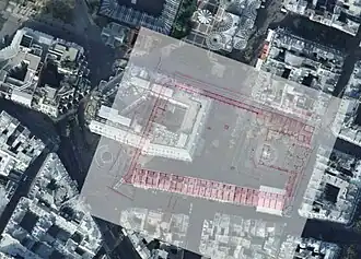 Plan du cimetière et de l'église des Innocents en 1786 superposé au même quartier fin 2011.
