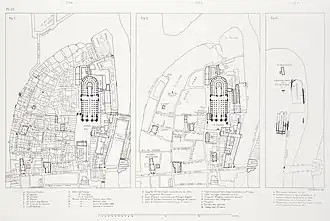 Plan du quartier de Notre-Dame en 1150, 1550 et 1750 tracé entre 1875 et 1882 par Theodor Josef Hubert Hoffbauer.