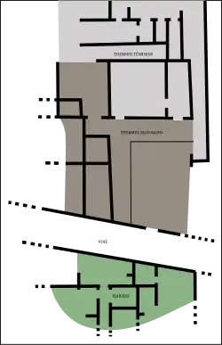 Schéma d'une partie des thermes en haut, de la rue au centre et de l'habitat en bas