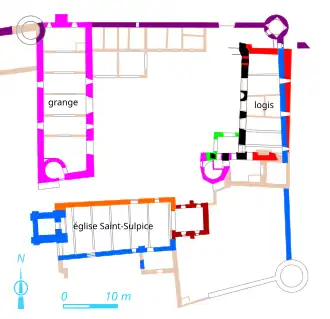 Dessin en couleurs et légendé représentant un plan au sol de bâtiments et leur évolution historique.