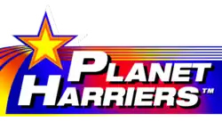 Planet Harriers est inscrit en blanc sur un fond multicolore dominé par le bleu, le jaune et le rouge, arborant également une étoile colorée.