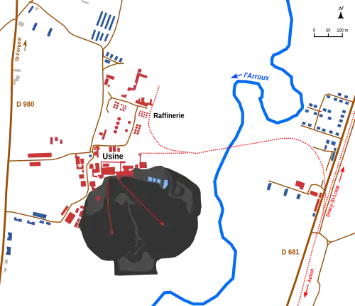Schématisation des installations de la mine des Télots, des terrils et cités minière.