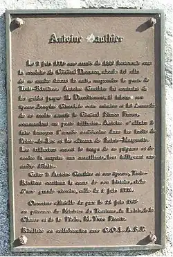 Plaque commémorant le rôle d'Antoine Gauthier dans la bataille.