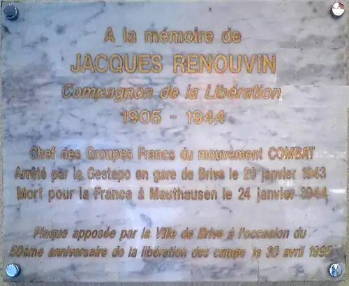 Plaque commémorative sur l’arrestation de Jacques Renouvin en gare de Brive-la-Gaillarde.