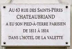 Plaque au no&nbsp;63 en hommage à Chateaubriand.