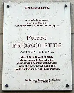 Plaque au 106 rue de la Pompe, Paris (lycée Janson de Sailly, Paris).
