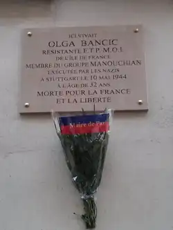 Plaque en mémoire de Olga Bancic, posée au 114 rue du Château à Paris&nbsp;14e.