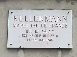 Plaque commémorant la naissance de Kellermann à Strasbourg au 6 rue brulée