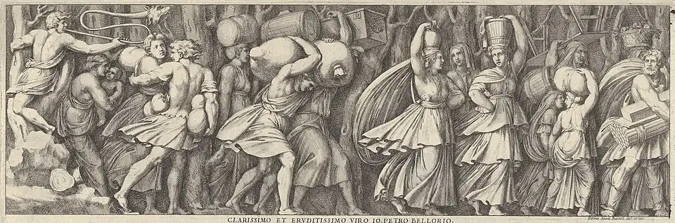 Procession de personnages marchant vers la droite en portant plusieurs objets, eau-forte d'après Polidoro da Caravaggio, vers 1660–1690.