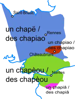 Carte de la Haute-Bretagne montrant les variations de prononciation du pluriel selon les régions.