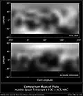 Surface de Pluton établie en 1994 en haut, à partir des observations de la caméra pour objets faibles (Faint Object Camera) et entre 2002 et 2003 par la caméra avancée pour les relevés (Advanced Camera for Surveys) en bas, toutes deux des instruments de Hubble.