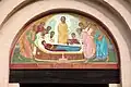 Entrée de l'église, fresque moderne de la Dormition de la vierge