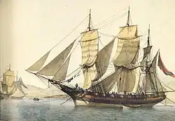 La polacre ottomane San Nicolo (par Antoine Roux). Il s'agit d'un trois-mâts carré à brigantine.