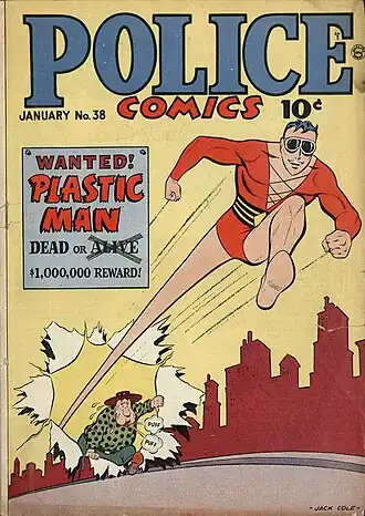 Plastic Man (suivi par Woozy Winks), dessin de Jack Cole, couverture du n. 38 de Police Comics (8 janvier 1945), comic book édité par Quality Comics