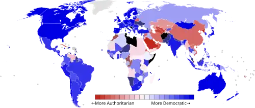 Carte du monde présentant les données du rapport Polity pour l'année 2011. Une couleur bleue indique une démocratie.