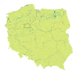 Carte physique de la Pologne, avec la région des Pałuki mise en évidence.