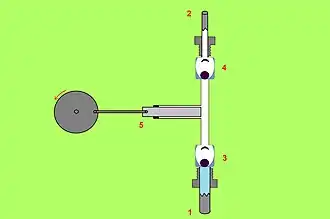 Pompe à piston en position dans laquelle le volume n'est pas occupé par le fluide. Les clapets à l'aspiration (3) et au refoulement (4) sont en position fermée.