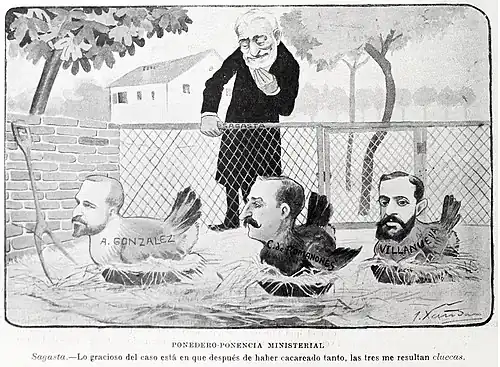 Caricaturé en poule aux côtés d’autres membres du cabinet de Sagasta. Dessin de Joaquín Xaudaró.